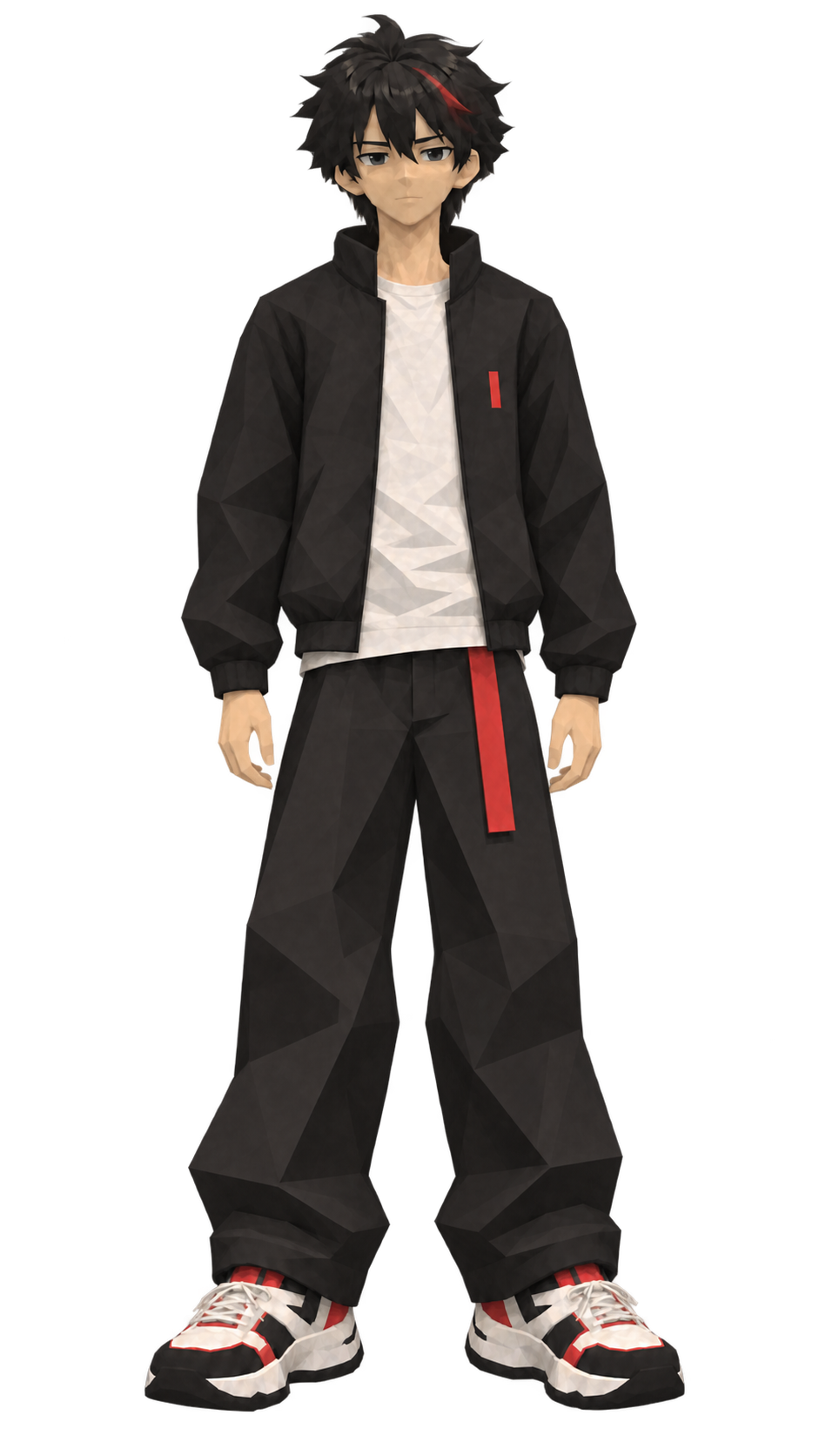 Your Oddverse host, with black hair, a black outfit and bright red accents